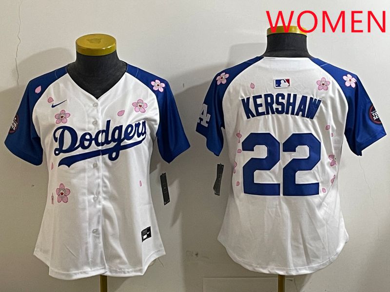 Women Los Angeles Dodgers #22 Kershaw White Blue Sakura Edition 2025 Nike MLB Jersey style 1